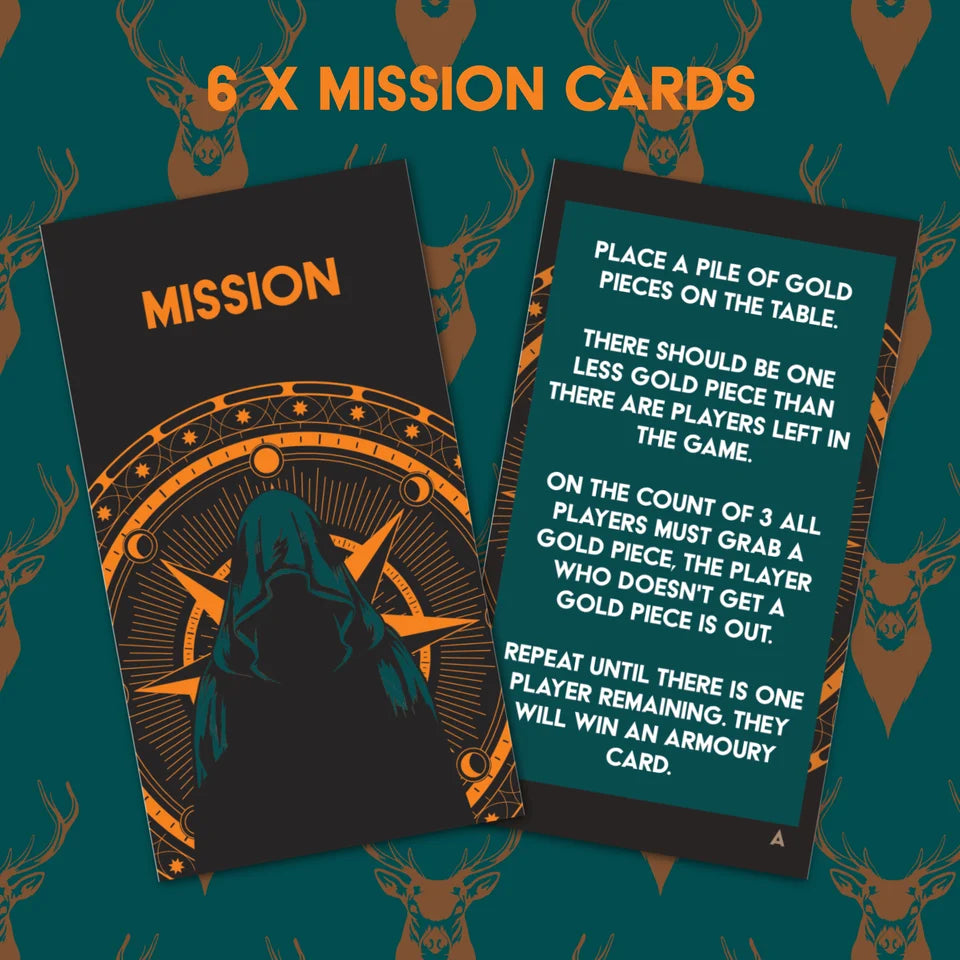 Two illustrated mission cards displayed on a dark teal background with a repeating deer-head pattern. The left card is black with orange text reading 'MISSION' and an orange circular emblem with a dark hooded figure.