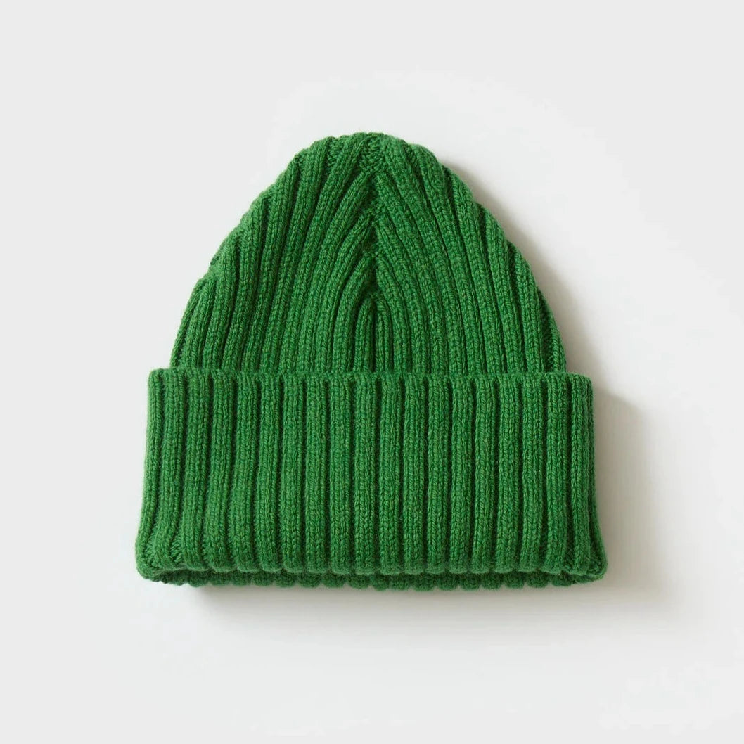Green ribbed knit beanie hat.