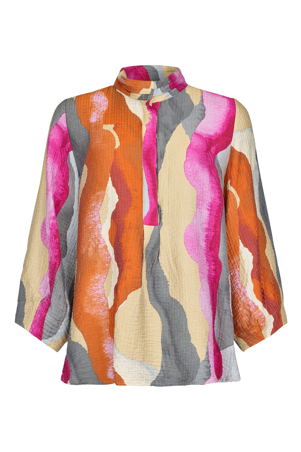 A women's long-sleeve blouse with a vibrant abstract watercolor print in orange, pink, gray, and beige, featuring a mock neck and button-up front.