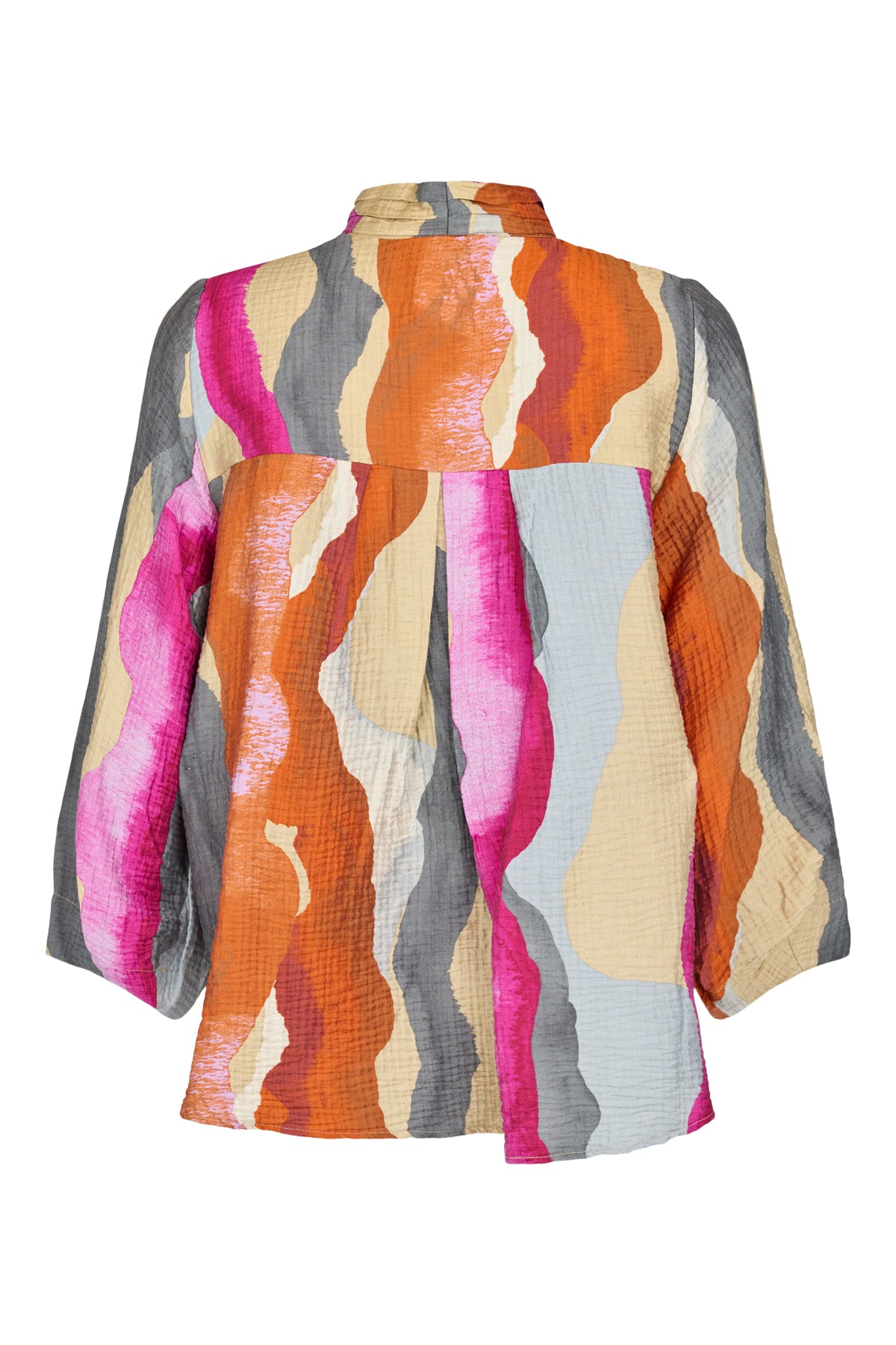 A three-quarter sleeve blouse with a textured crinkle fabric, featuring an abstract wavy vertical stripe pattern in orange, pink, beige, gray, and light blue on a white background.