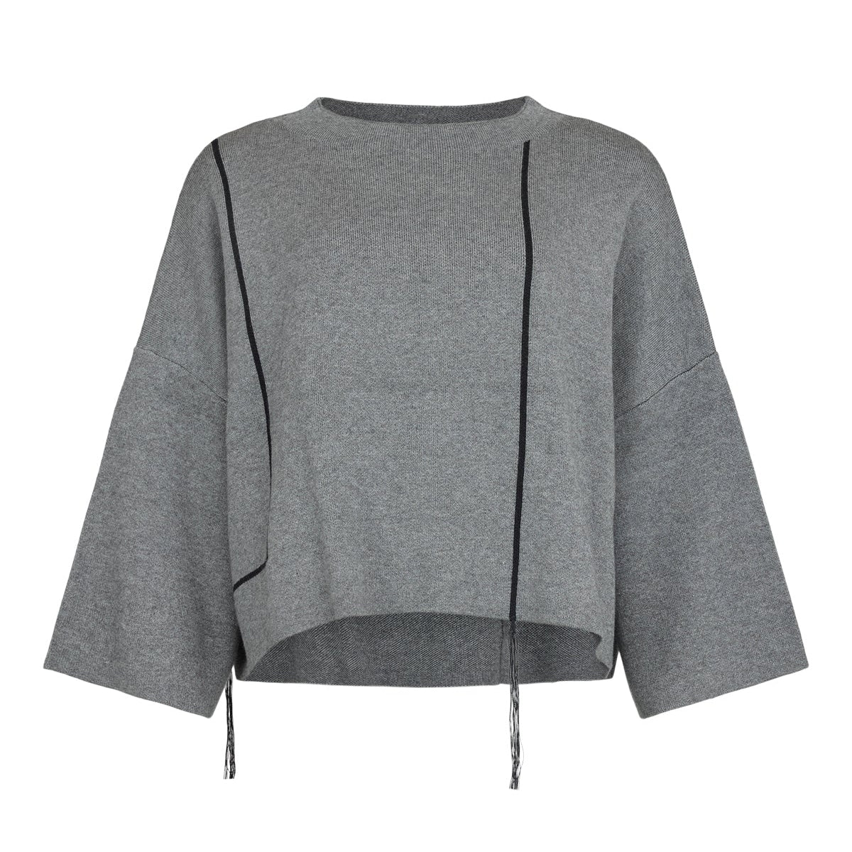 A heather gray cropped knit top with three-quarter sleeves, featuring asymmetrical black piping and drawstring ties at the hem, displayed on a solid white background.