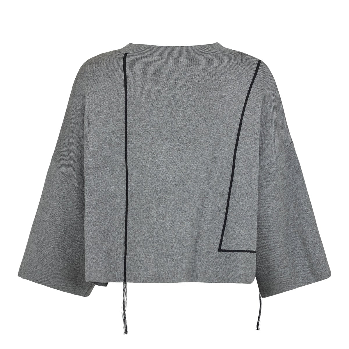 A gray cropped knit top with wide draped sleeves and black contrast piping details, shown against a plain white background.