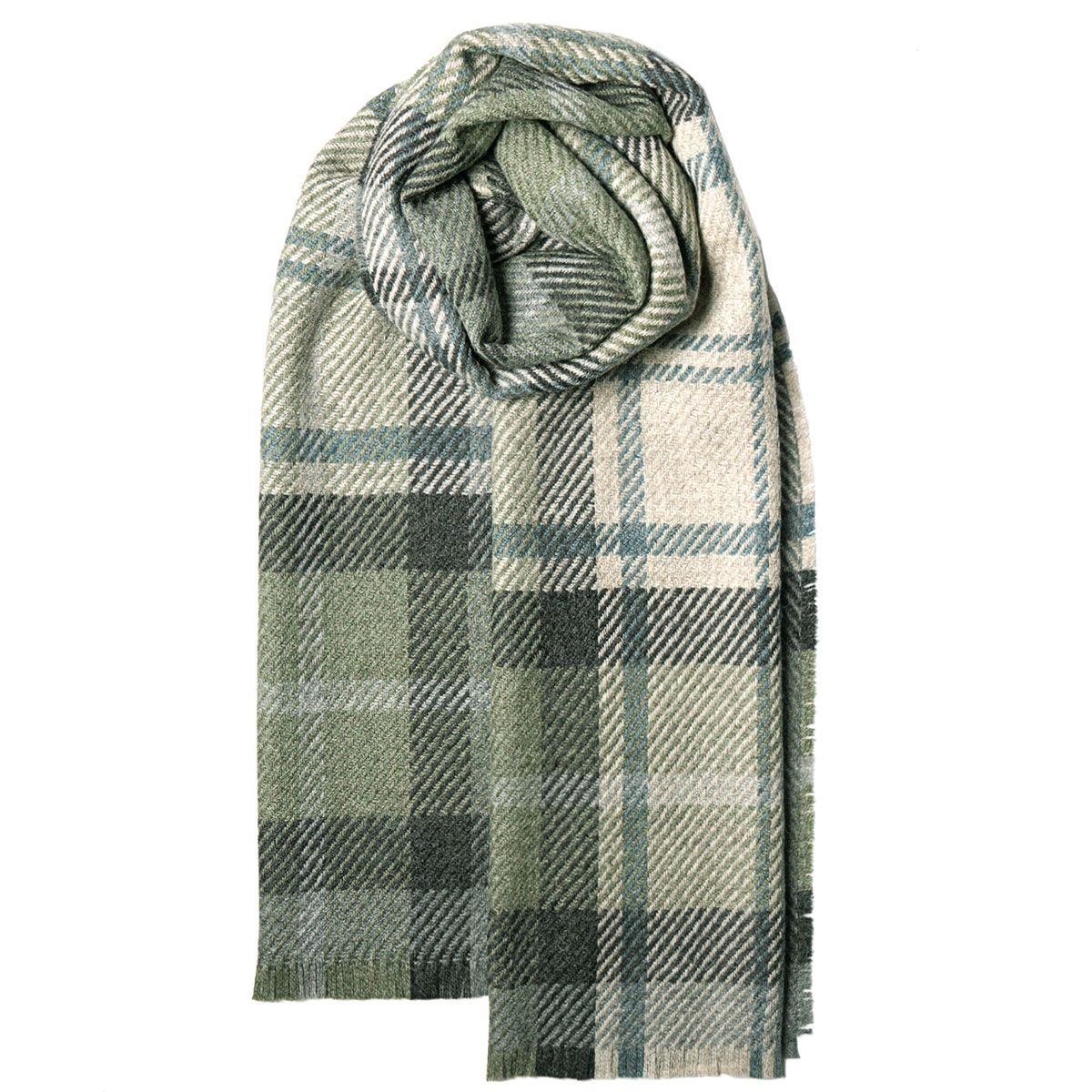 Green and beige plaid wool scarf, loosely folded.