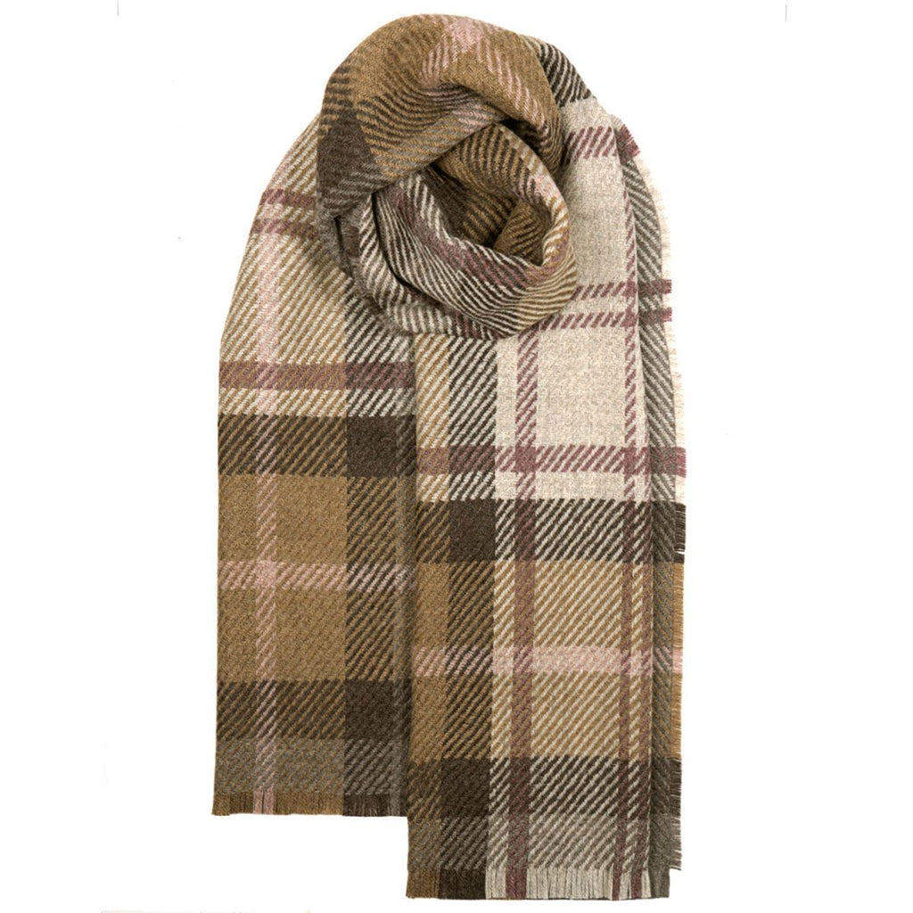 Brown, beige, and mauve plaid wool scarf folded.