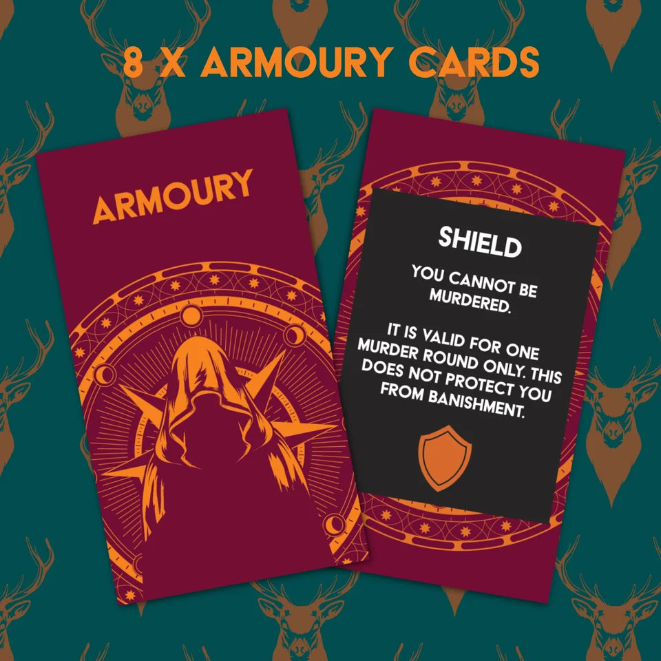 Two illustrated armour cards shown on a dark teal patterned background with the text '8 X ARMOURY CARDS' at the top. One card is burgundy with gold fantasy artwork and the word 'ARMOURY'; the other is mostly black with white text reading 'SHIELD' and a shield icon.