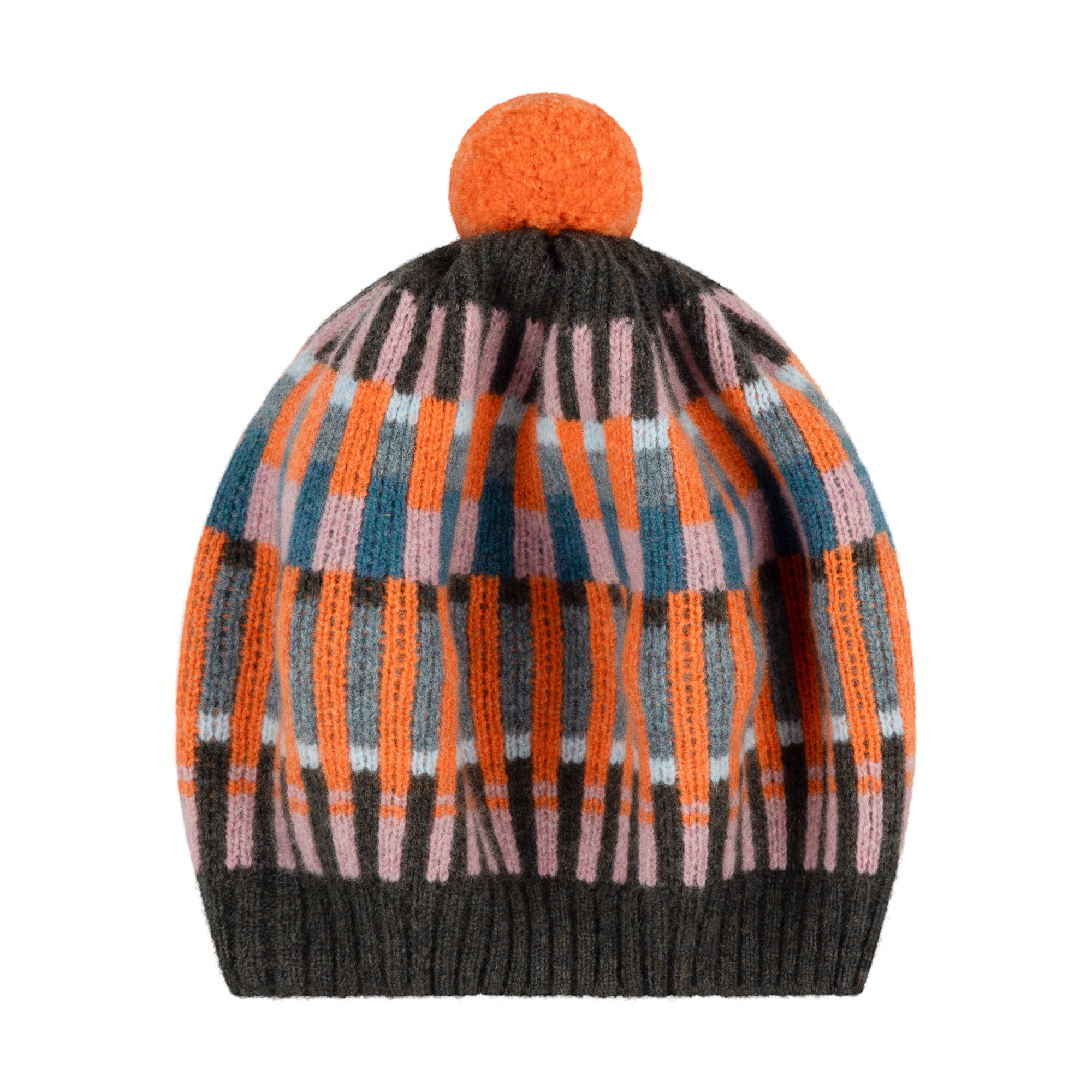 Knitted beanie with multicolor pattern and orange pom-pom on a white background