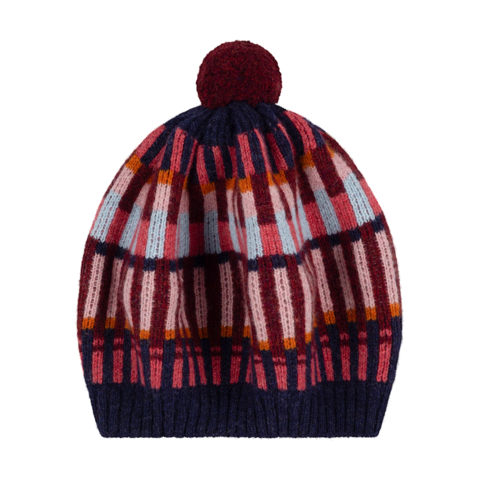 Multicolored striped knit beanie with a pom-pom on a white background
