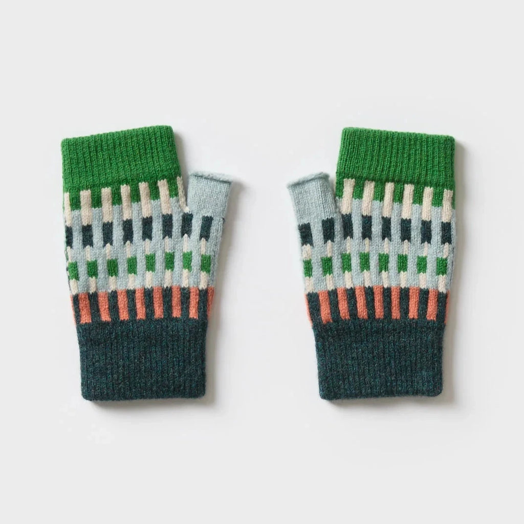 Pair of fingerless gloves with a geometric pattern in teal, green, light blue, and coral.