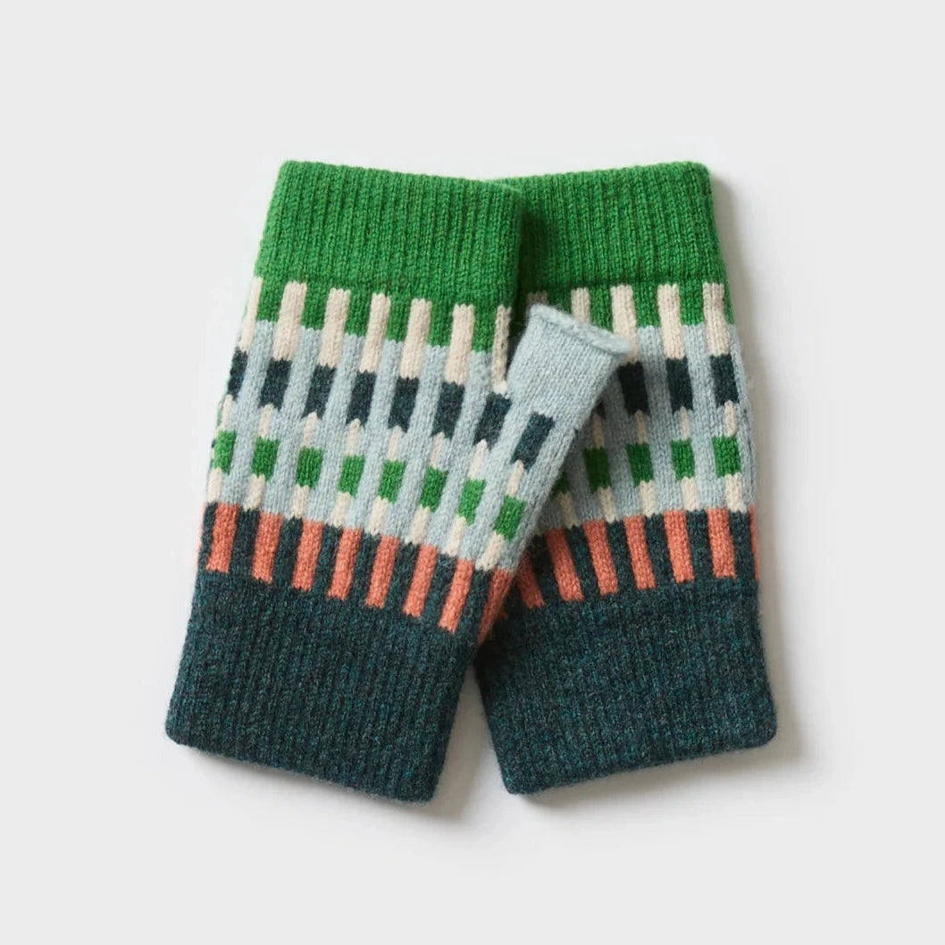 Pair of fingerless gloves in green, teal, cream, and coral geometric knit pattern.