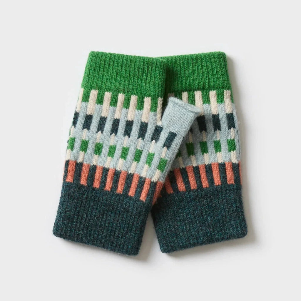 Pair of fingerless gloves in green, teal, cream, and coral geometric knit pattern.