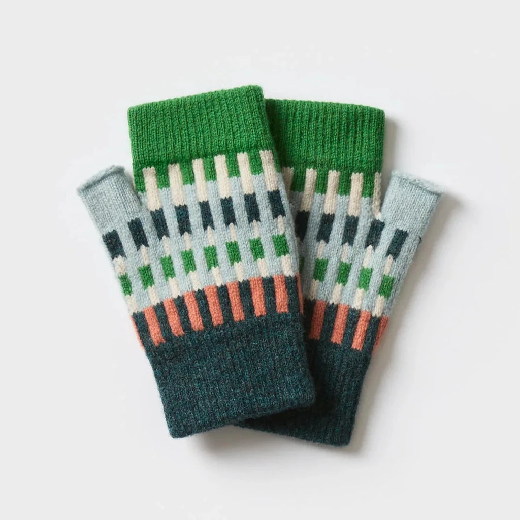 Pair of fingerless gloves with a geometric pattern in teal, green, cream, and coral.