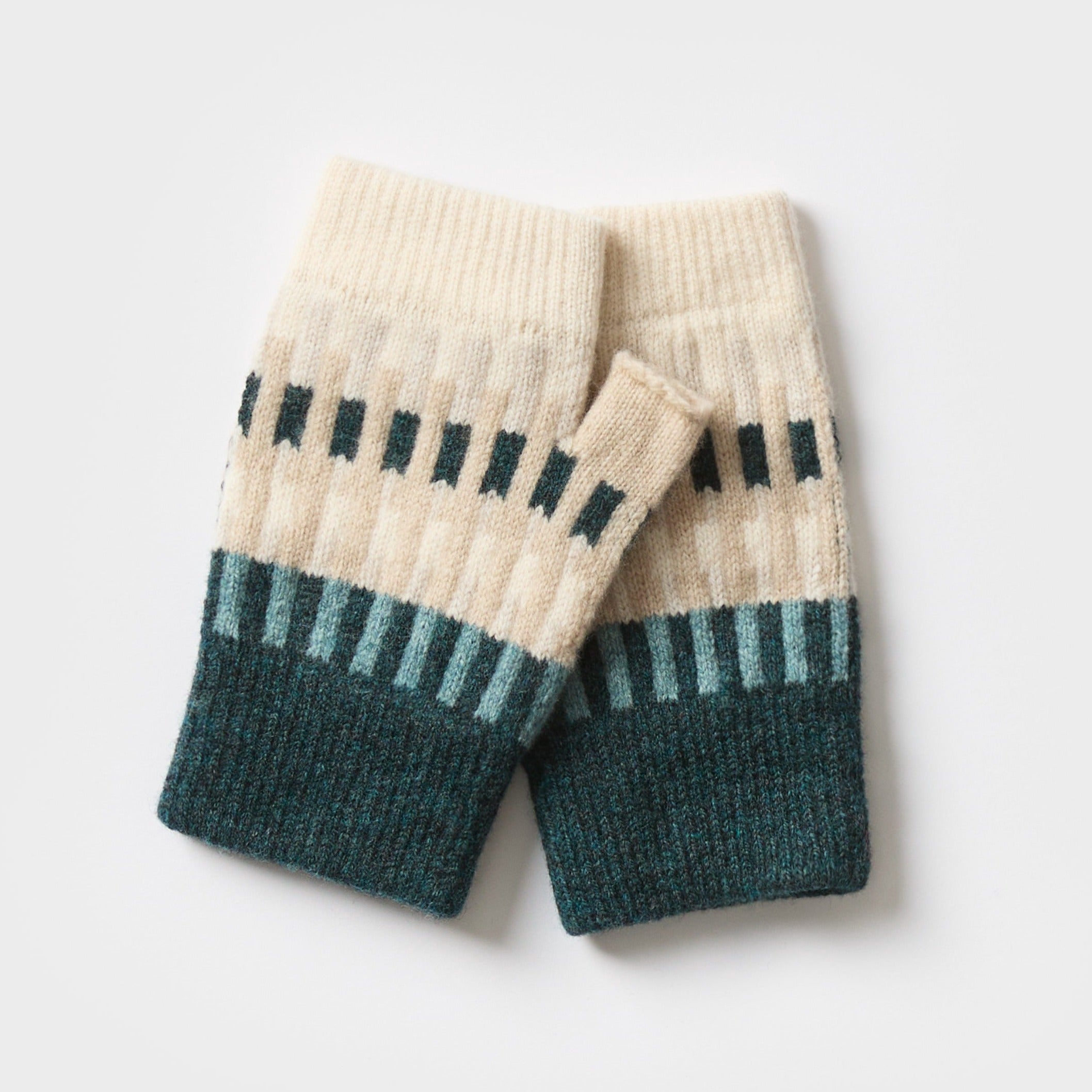 Pair of fingerless gloves in teal, beige, and dark teal horizontal stripes.  Knitted wool blend.