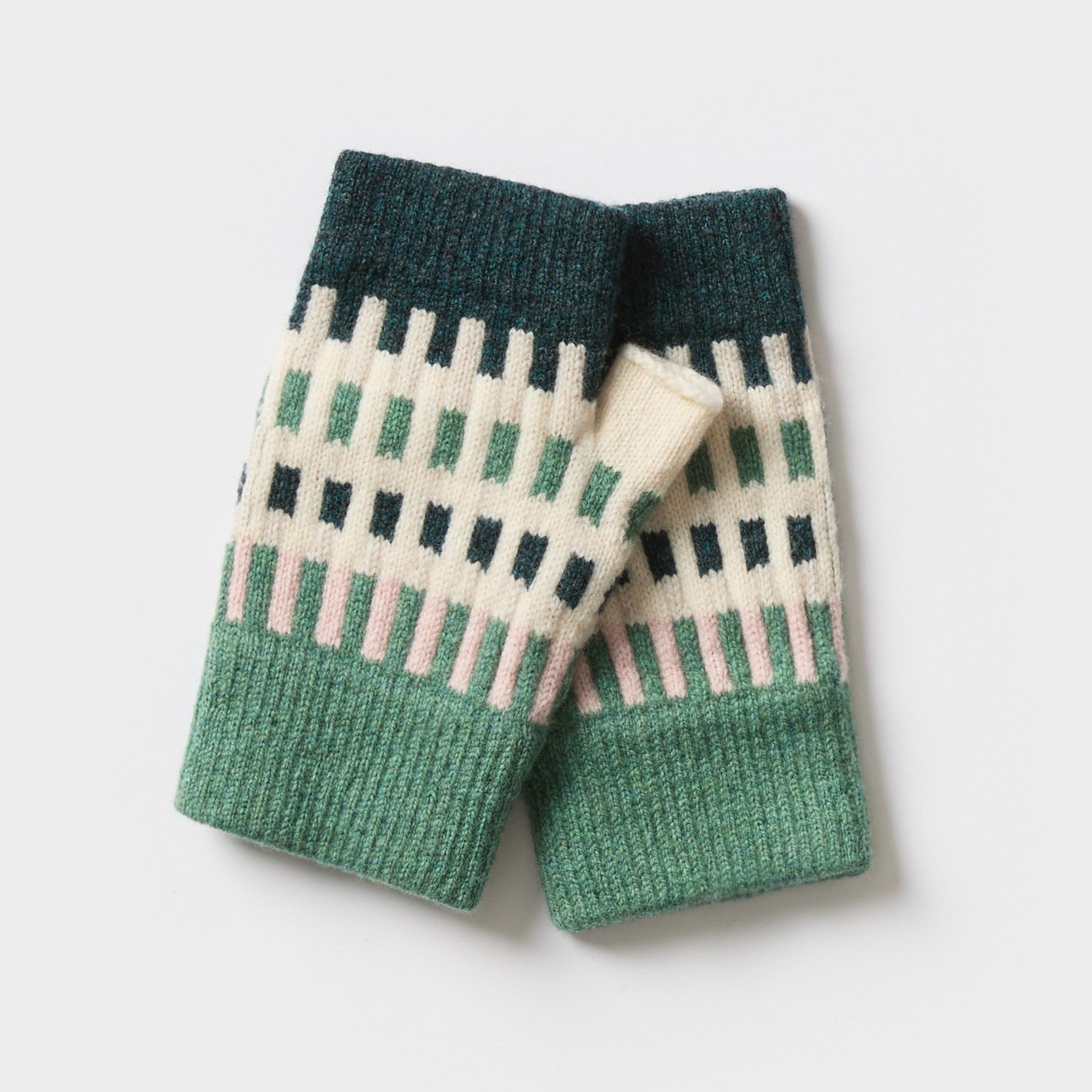 Pair of green and cream fingerless gloves with a geometric pattern.