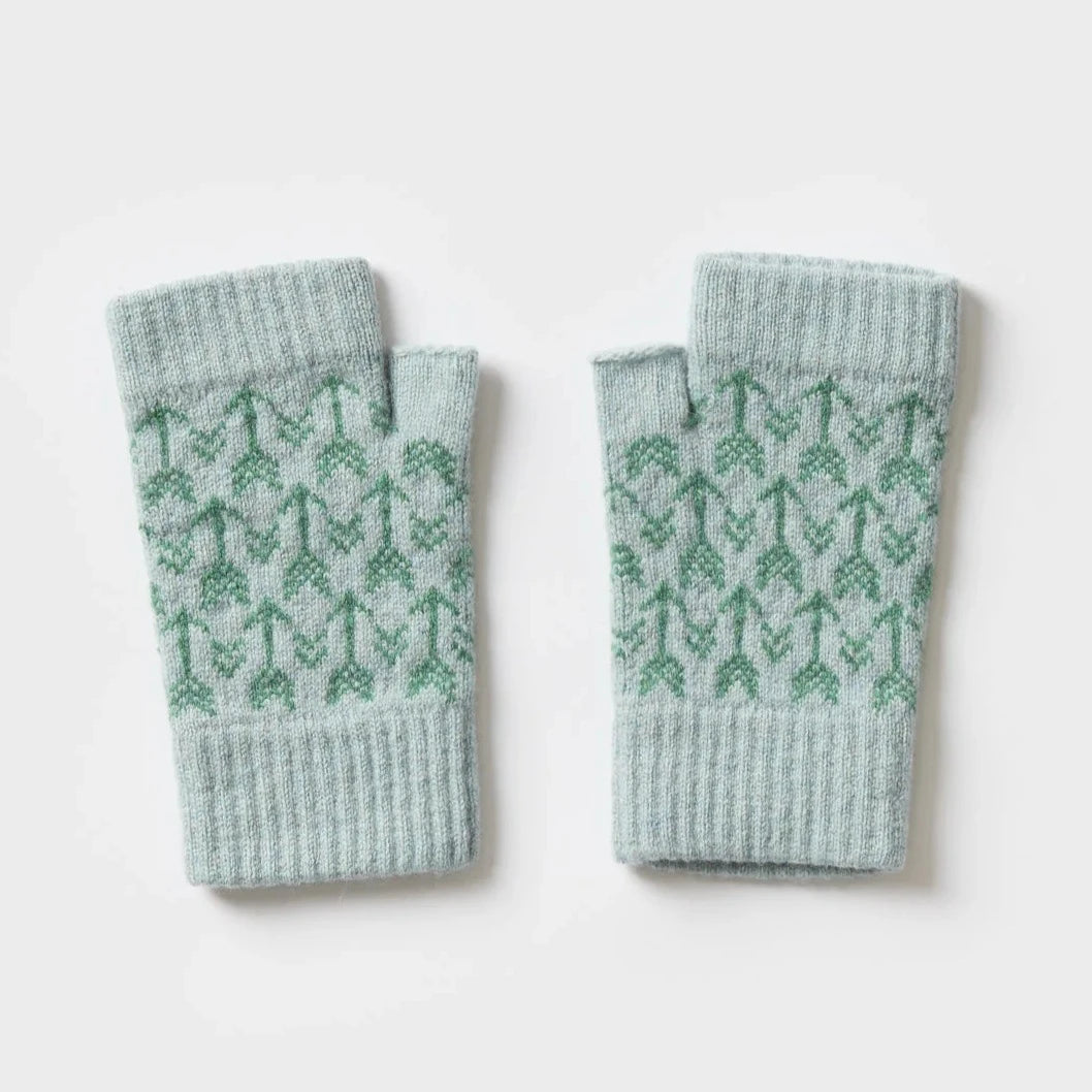 Pair of light teal fingerless gloves with a repeating green arrow pattern.