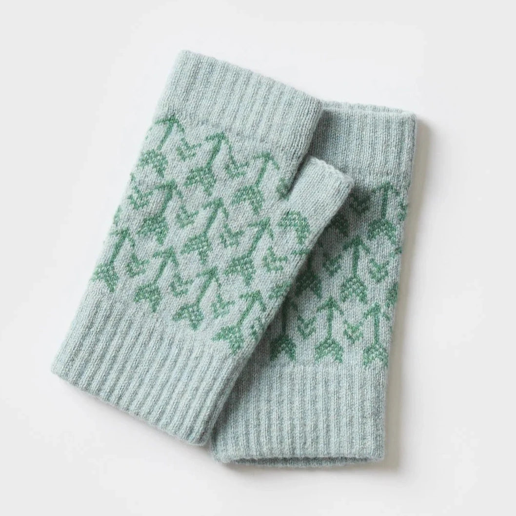 Pair of light gray fingerless gloves with a repeating green arrow pattern.