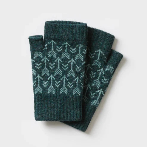 Pair of teal fingerless wool gloves with a repeating light teal arrow pattern.