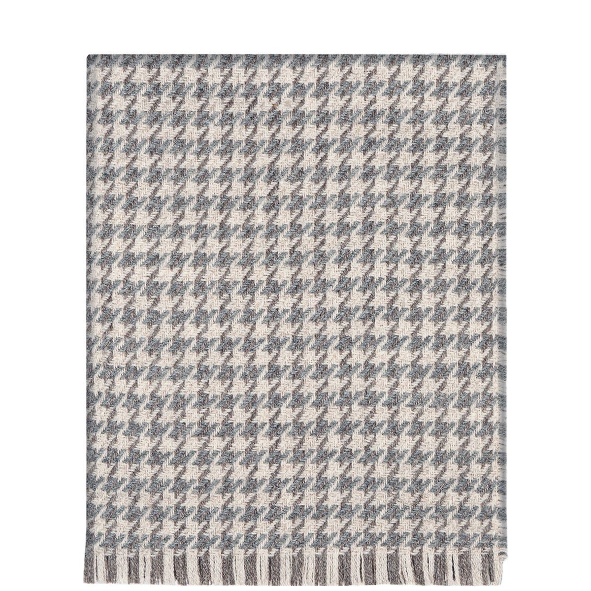 Grey and beige houndstooth throw blanket with fringed edges.