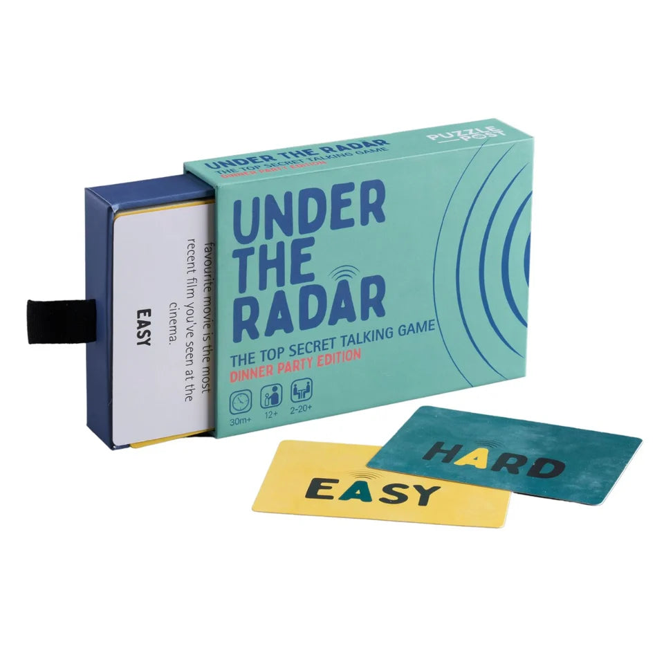 The 'Under the Radar' party edition card game by Puzzle Party, showing its teal and blue box with a sliding drawer, alongside two cards labeled 'EASY' and 'HARD' on a white background.