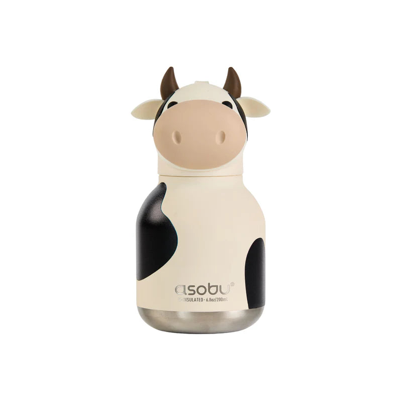 Cow-shaped water bottle with 'asobu' branding on a white background