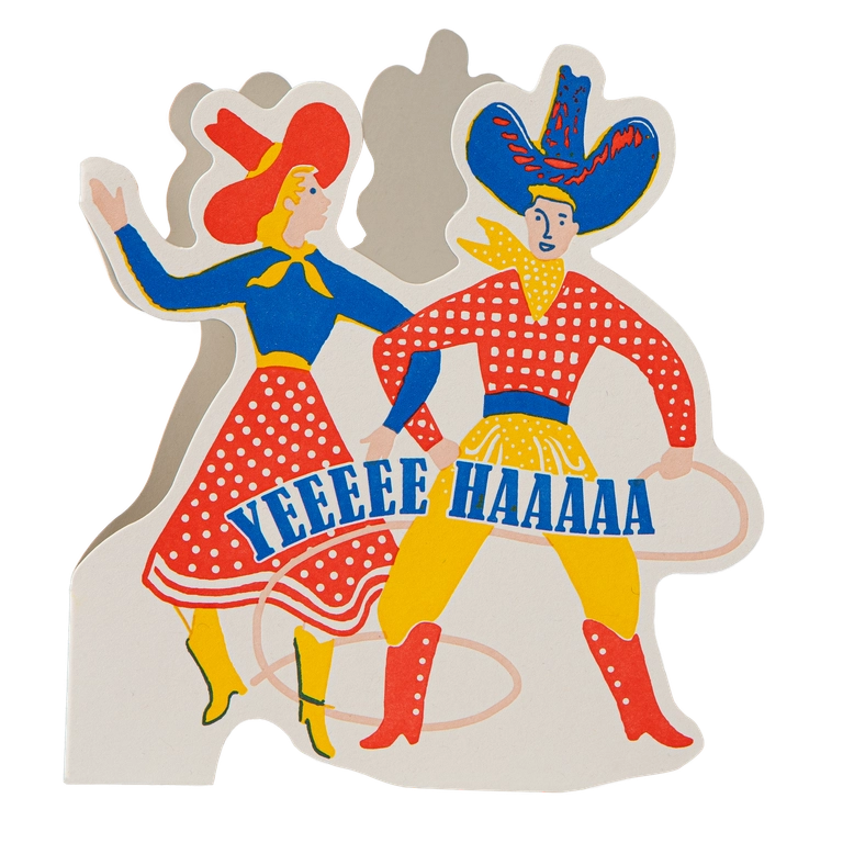 Colorful cutout of a cowboy and cowgirl with 'YEEHAW' text on a white background