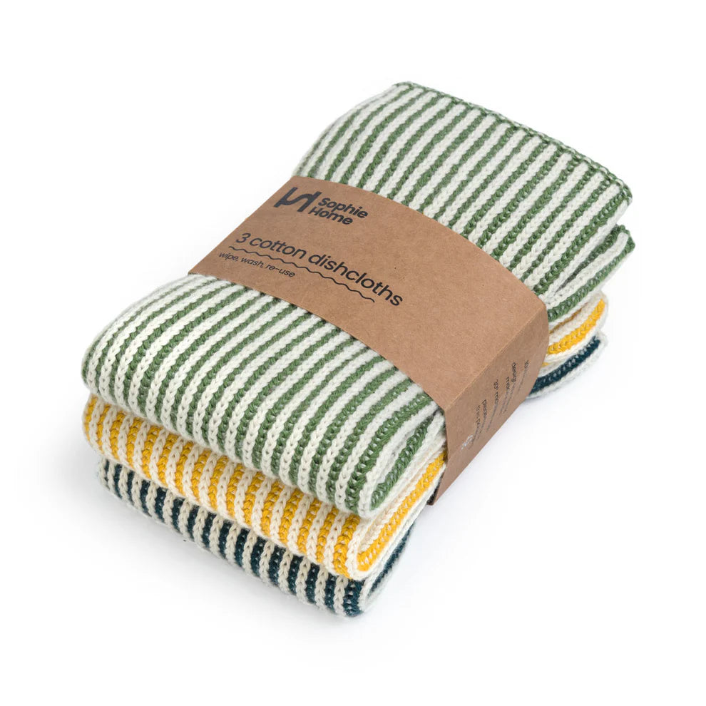 Three striped cotton dishcloths in green, yellow, and dark green, packaged together.