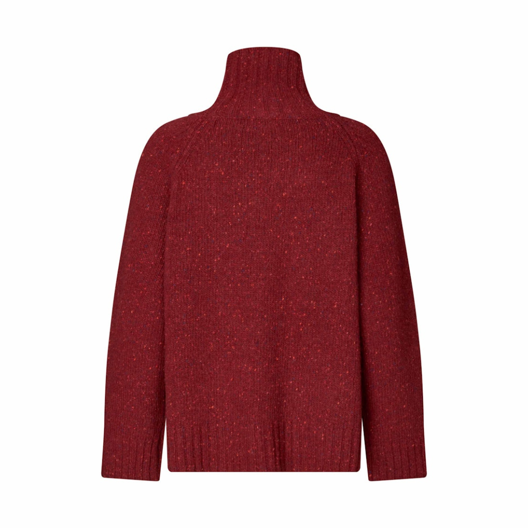 A dark red ribbed knit turtleneck sweater shown from the back, featuring a textured heathered pattern with subtle flecks of red and brown, set against a plain white background.
