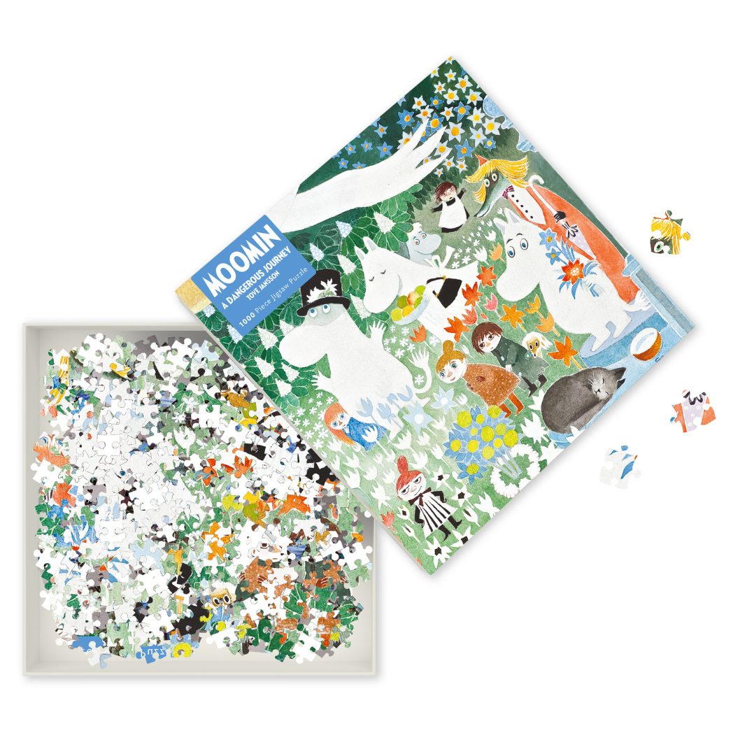 1000-piece Moomin jigsaw puzzle depicting a whimsical scene with Moomin characters in a garden setting.