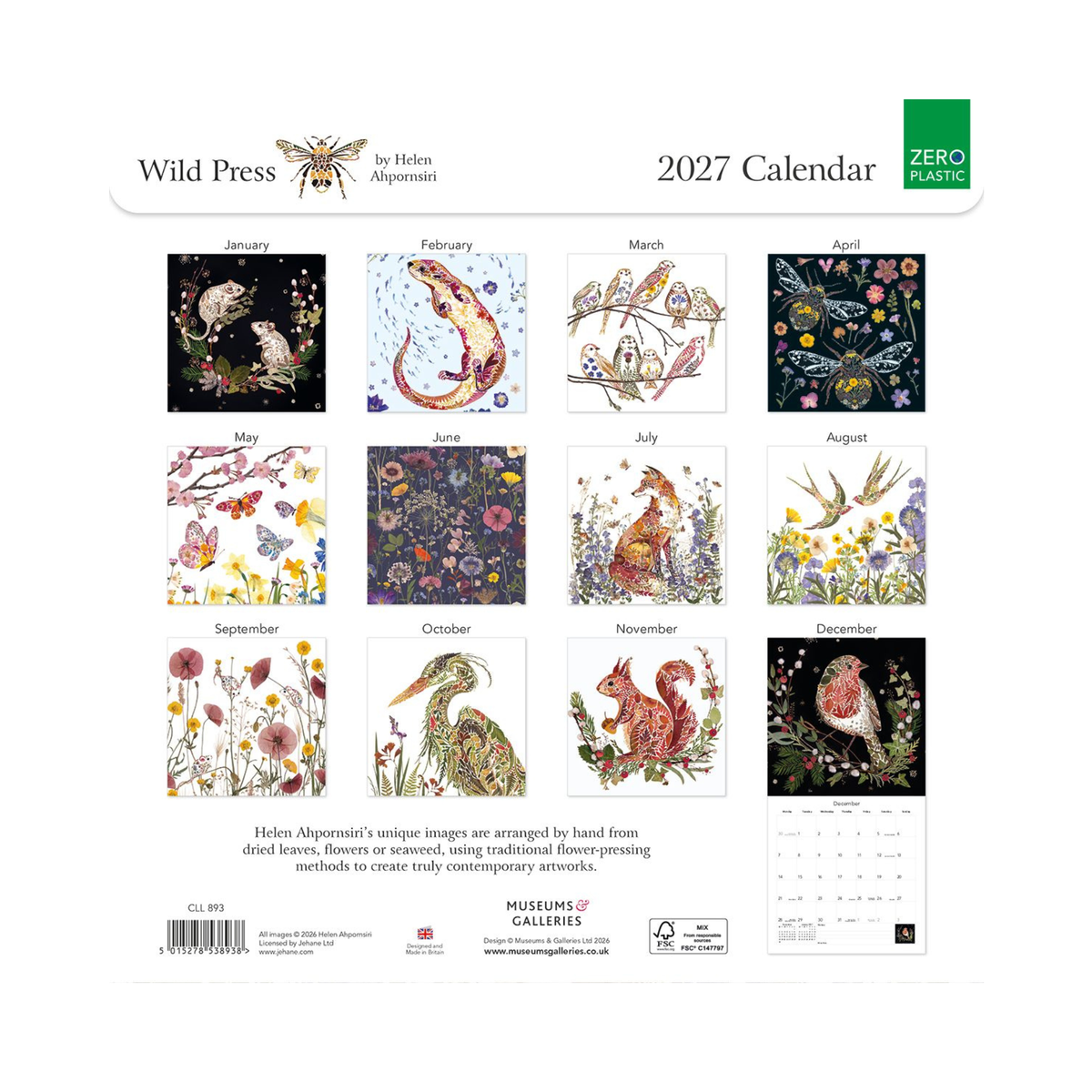 Back cover of the 2027 Wild Press calendar by Helen Alpersmí, showing a grid of twelve watercolor-style nature illustrations with animals and flowers, plus a small calendar inset and product text on a white background.