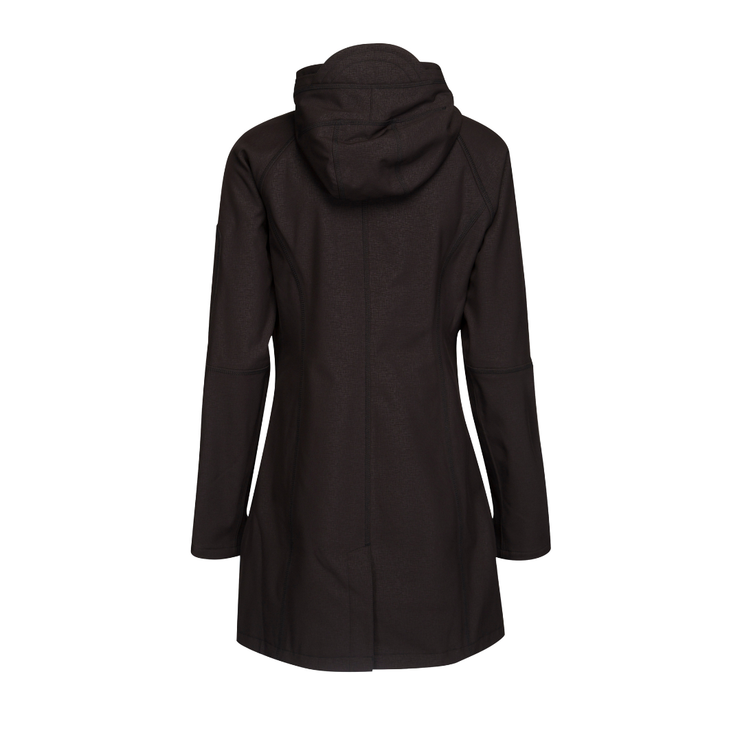 Black women's softshell hooded jacket, long sleeves, rear view. Subtle textured fabric.