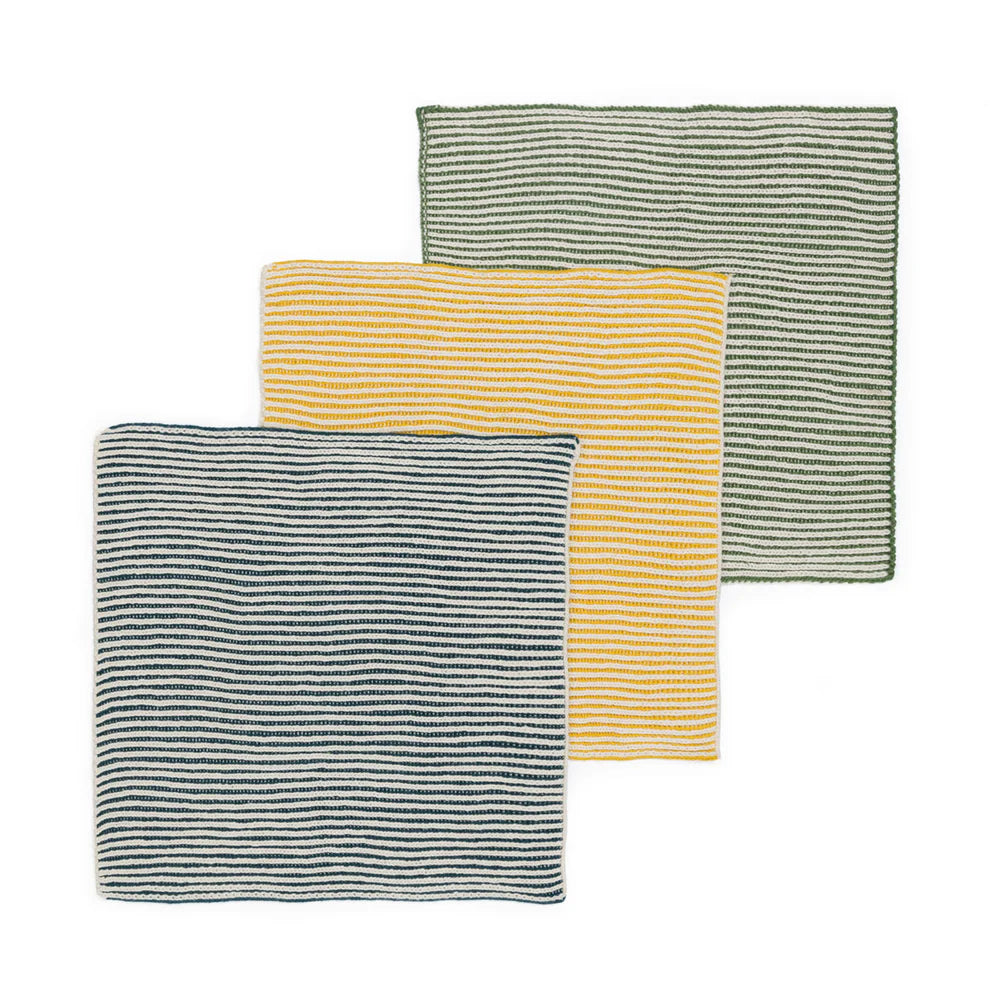 Set of three striped knitted cloths in dark teal, mustard yellow, and olive green.