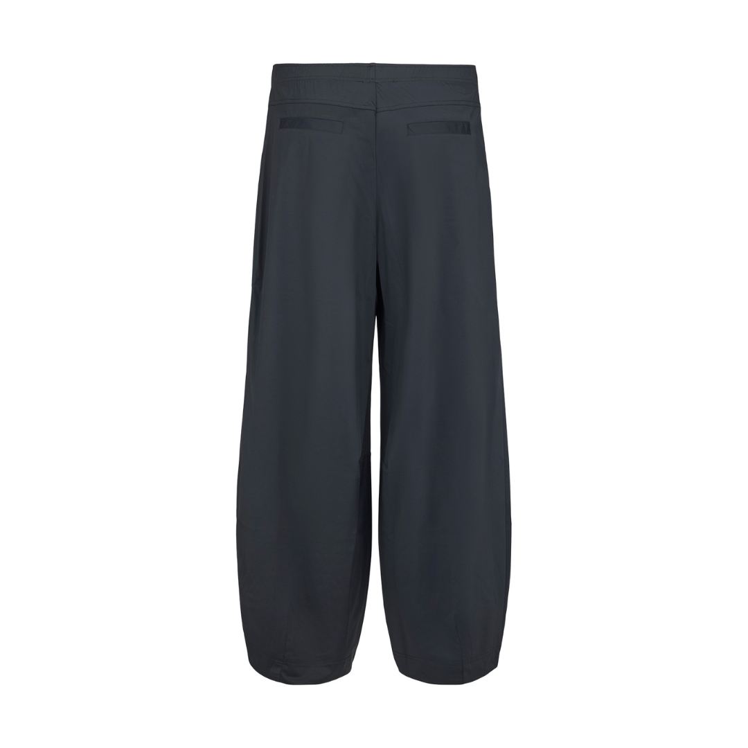 A pair of dark charcoal gray wide-leg trousers shown from the back, featuring two small welt pockets on the upper back, set against a plain white background.
