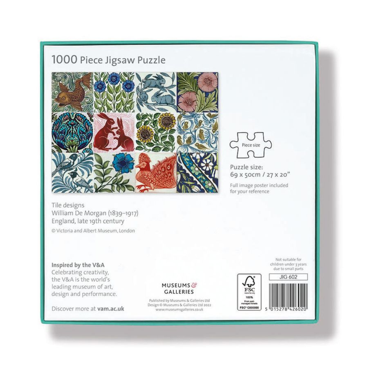 Back of a 1000-piece jigsaw puzzle box featuring William De Morgan's tile designs, with a collage of colorful floral and animal illustrations on a white background with a teal border.
