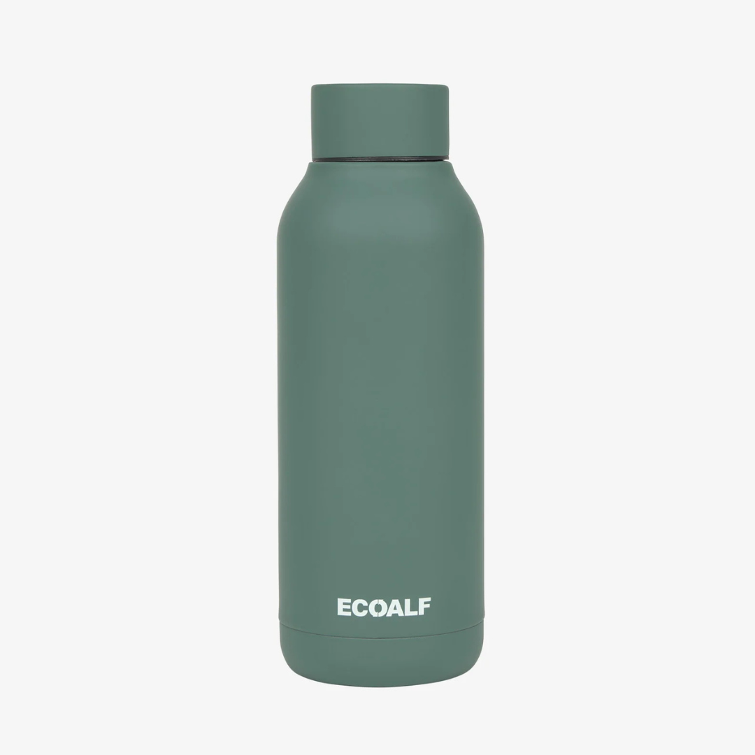 Green insulated bottle with 'Ecoalf' branding on a white background