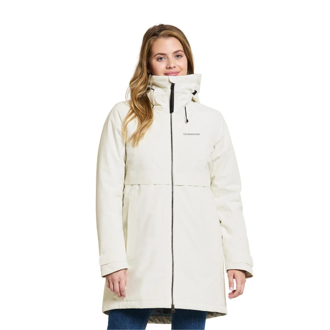 Off-white, knee-length zip-up parka with a high collar and subtle branding.