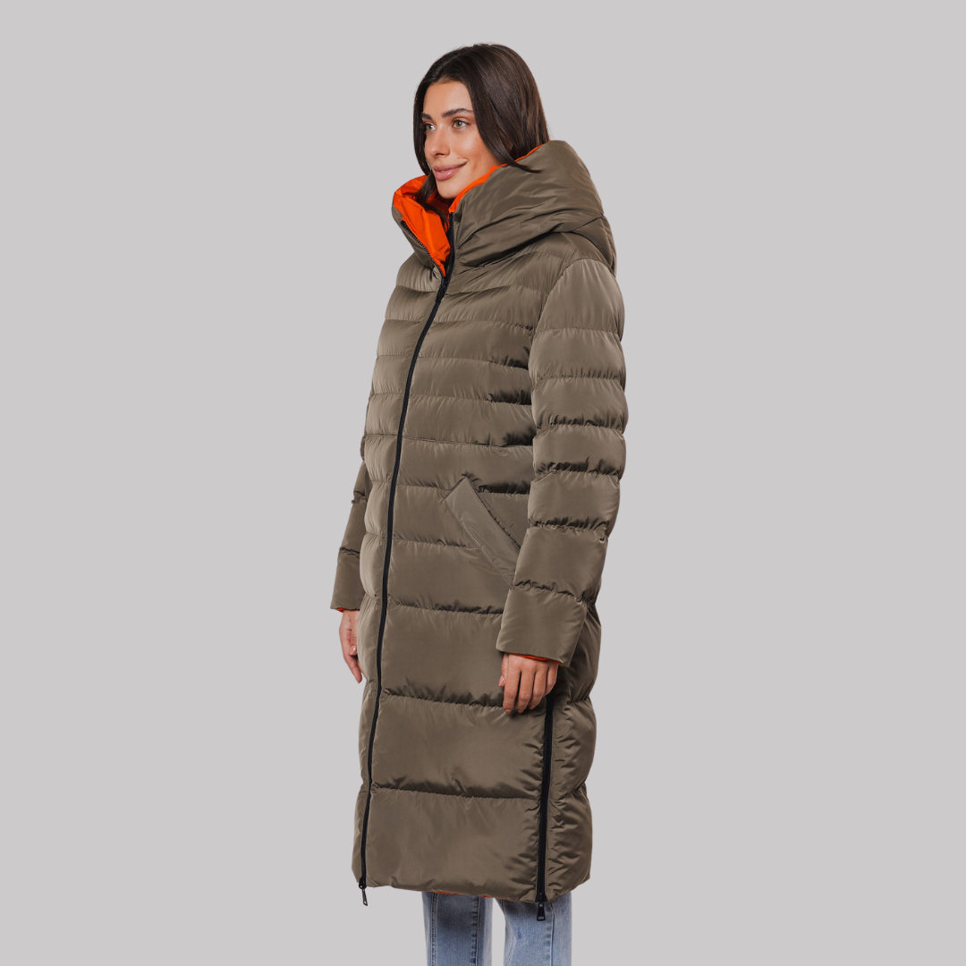 Olive green long puffer coat with a hood and orange interior lining.  Features a zipper closure and side pockets.