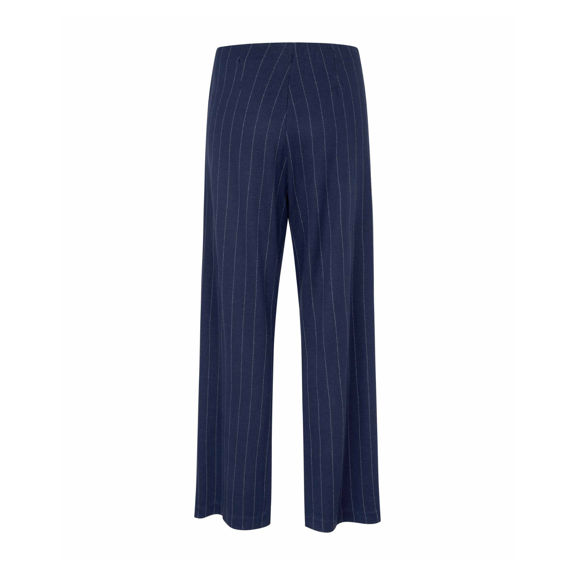 Navy pinstripe pants on a white background