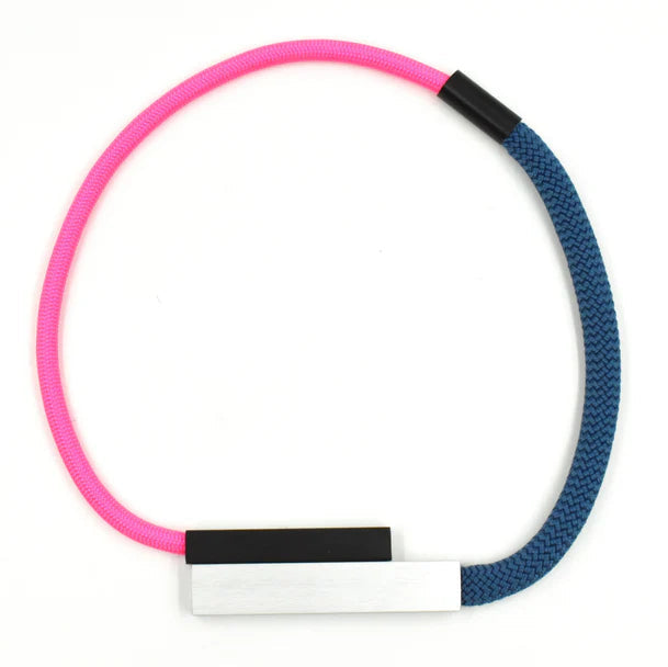 Pink and teal rope necklace with a silver rectangular pendant.