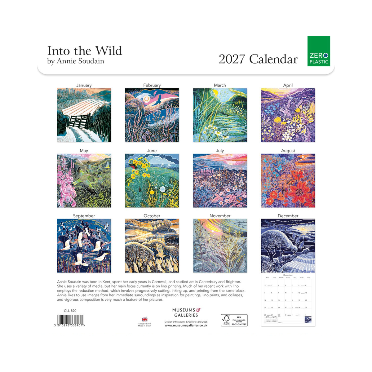 Back cover of the 2027 wall calendar 'Into the Wild' by Annie Soudain, showing a 12-month grid of colorful Van Gogh-inspired paintings, with a small calendar preview in the bottom right corner.