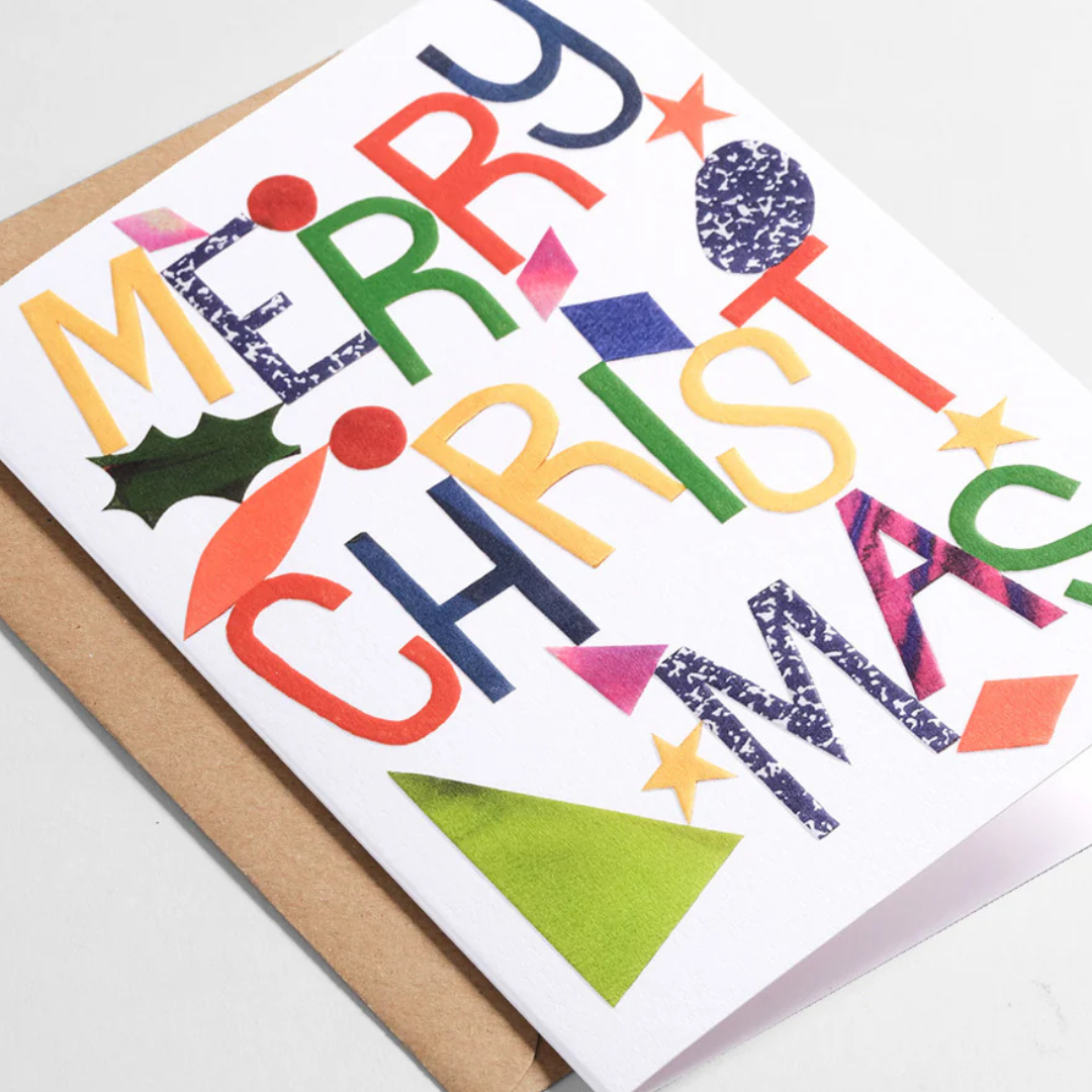 Colorful Christmas card with geometric shapes on a white background