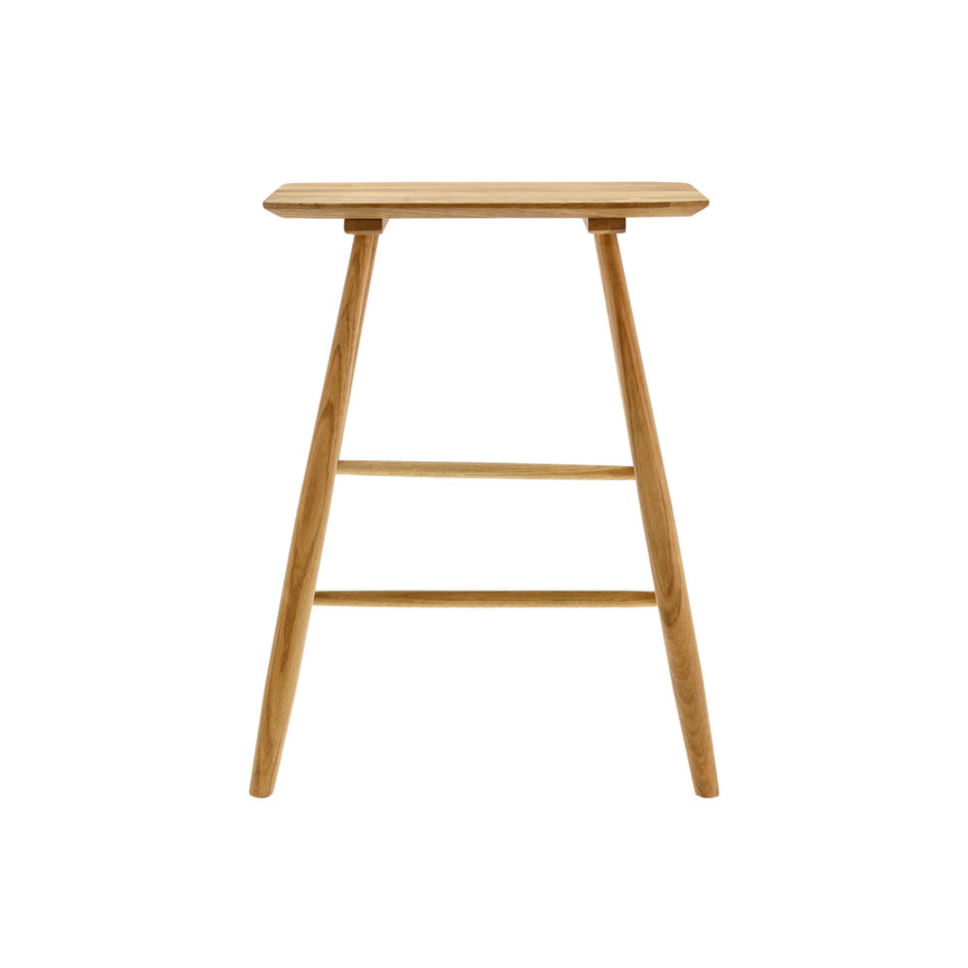 Light brown wooden stool with a rectangular seat and two lower support bars.