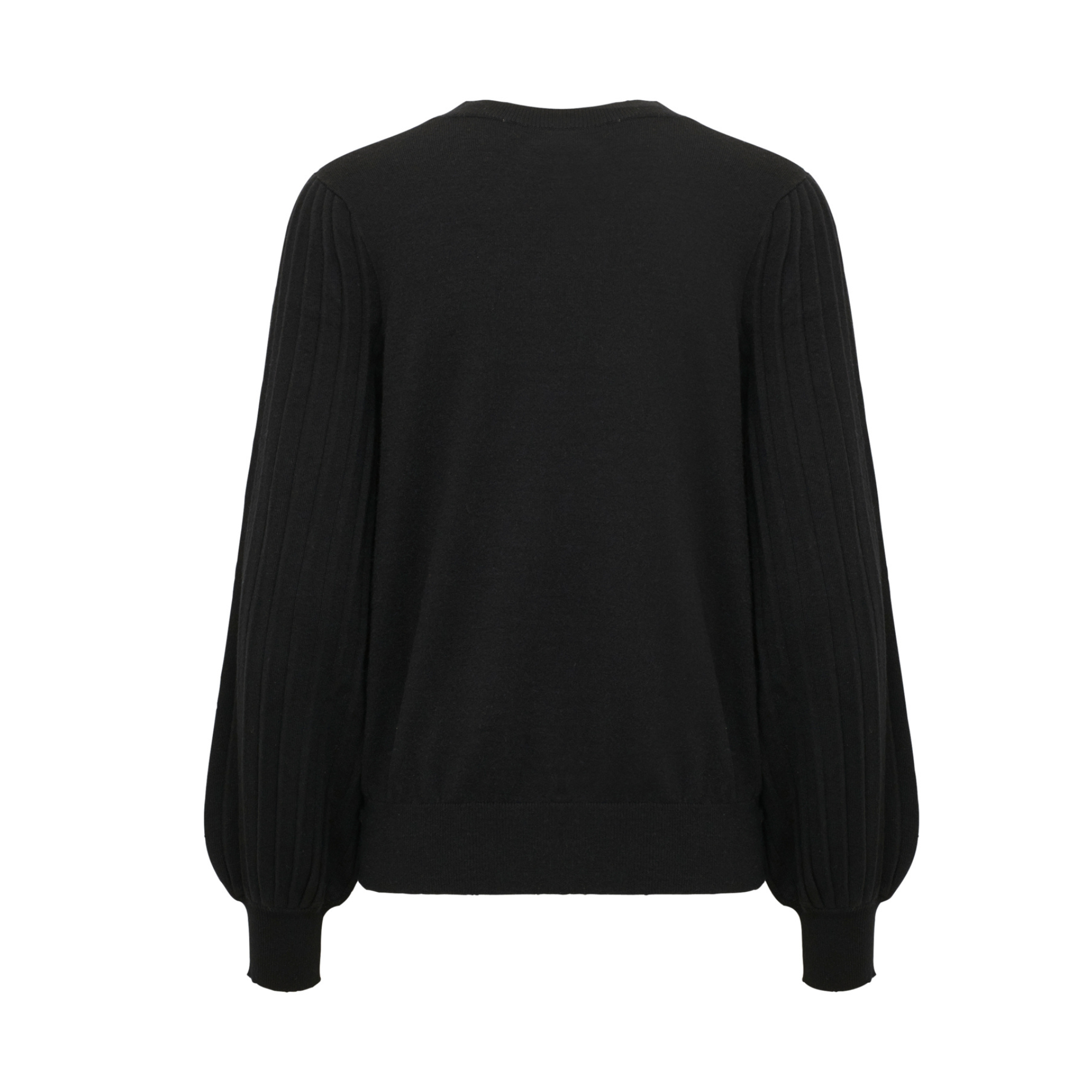 A black long-sleeve knit sweater with ribbed balloon sleeves and a crew neck, shown from the back on a plain white background.