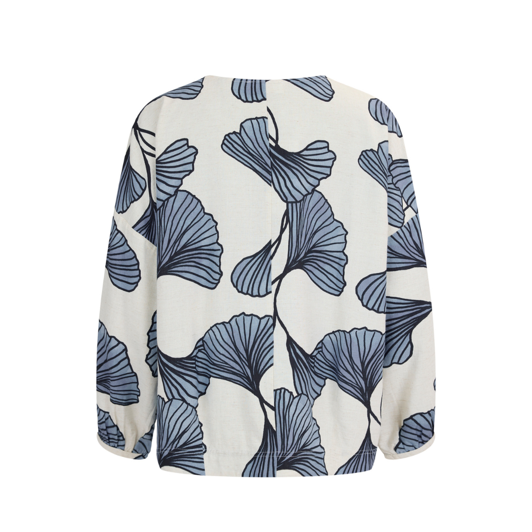 Sweatshirt with blue leaf pattern on a white background