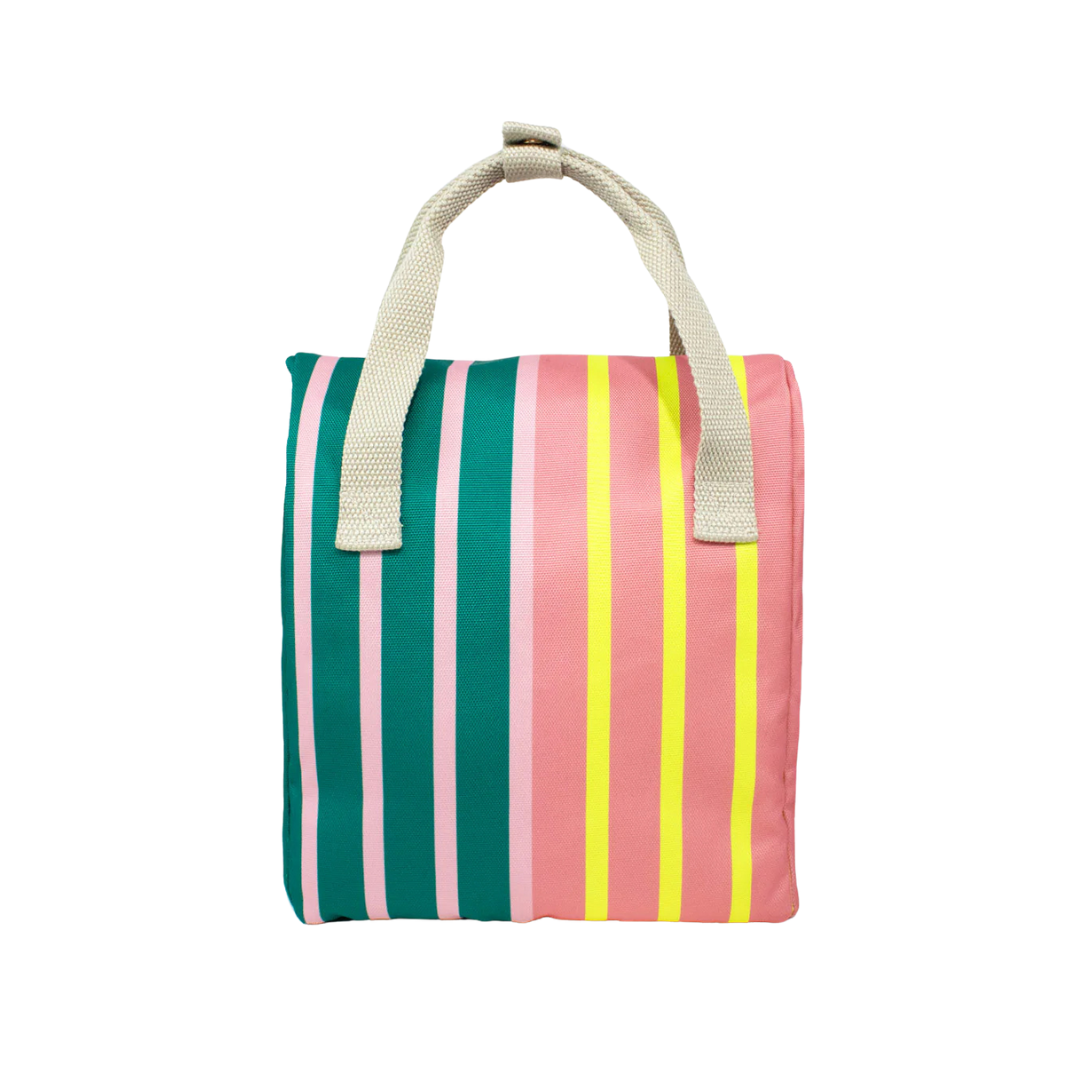 Pink, green, and yellow striped tote bag with beige handles.