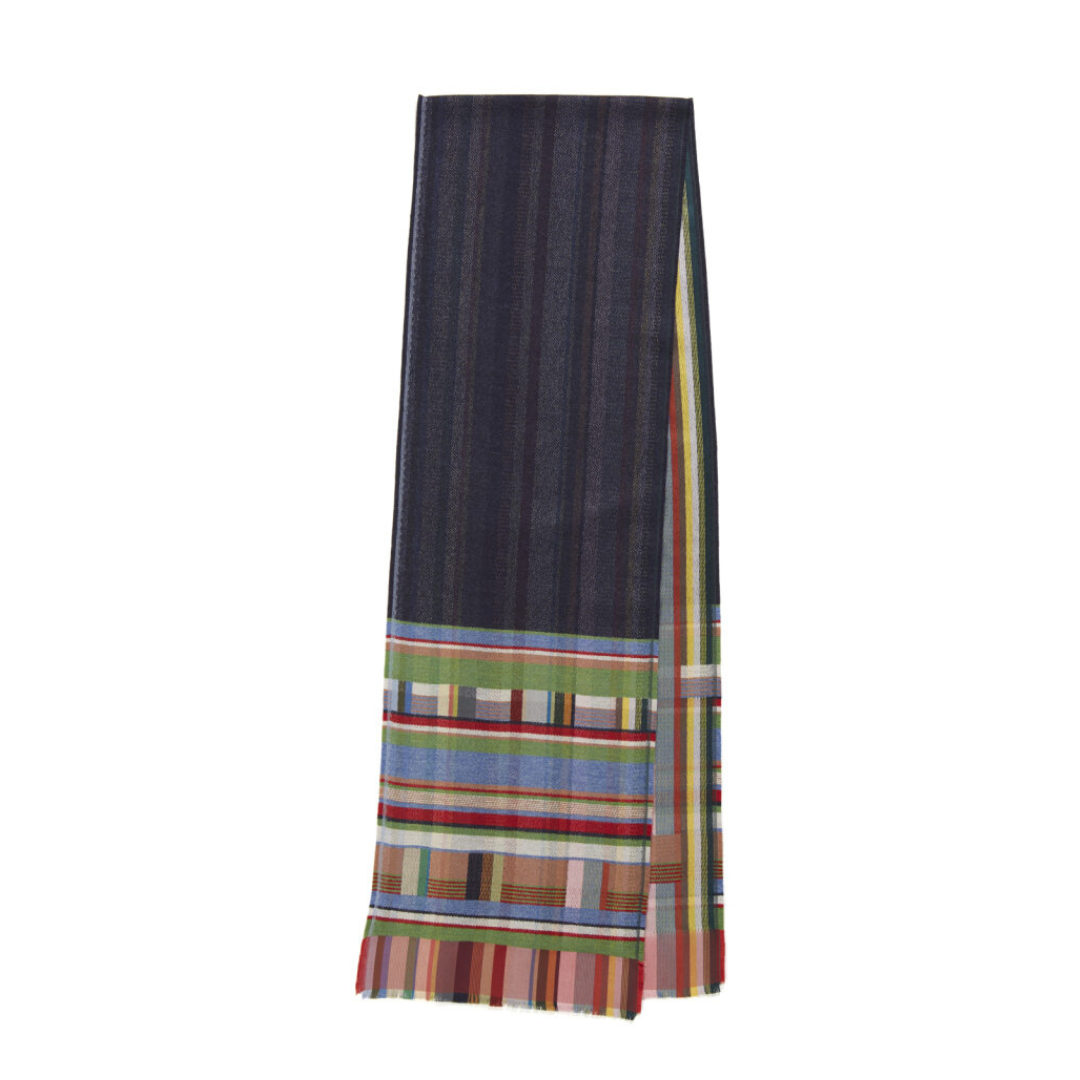 Dark navy blue scarf with a multicolored striped border. The border features various shades of green, blue, red, and beige.