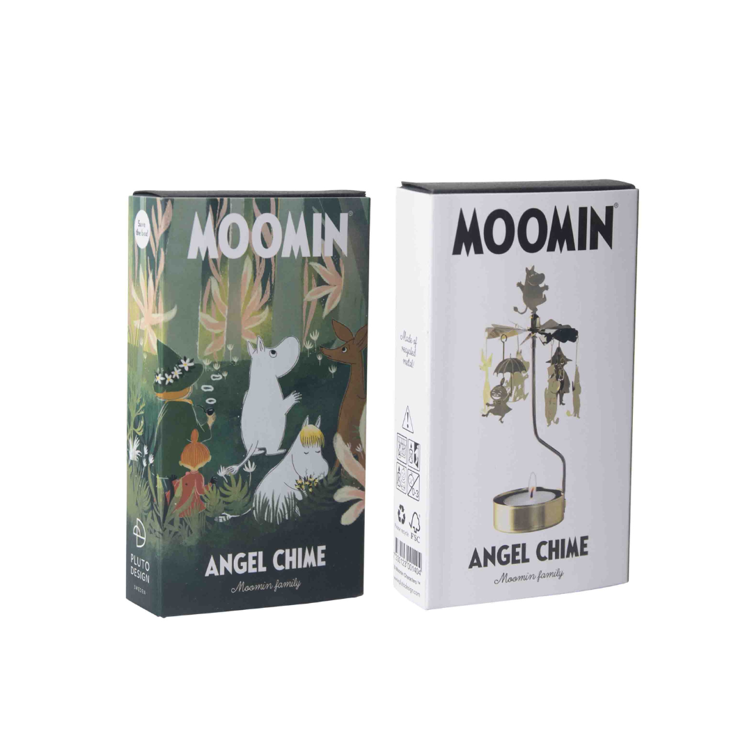 Moomin Angel Chime candleholder; gold metal design featuring Moomin characters rotating above a candle.