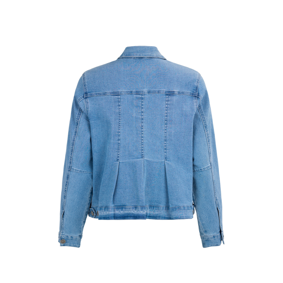 Blue denim jacket on a white background