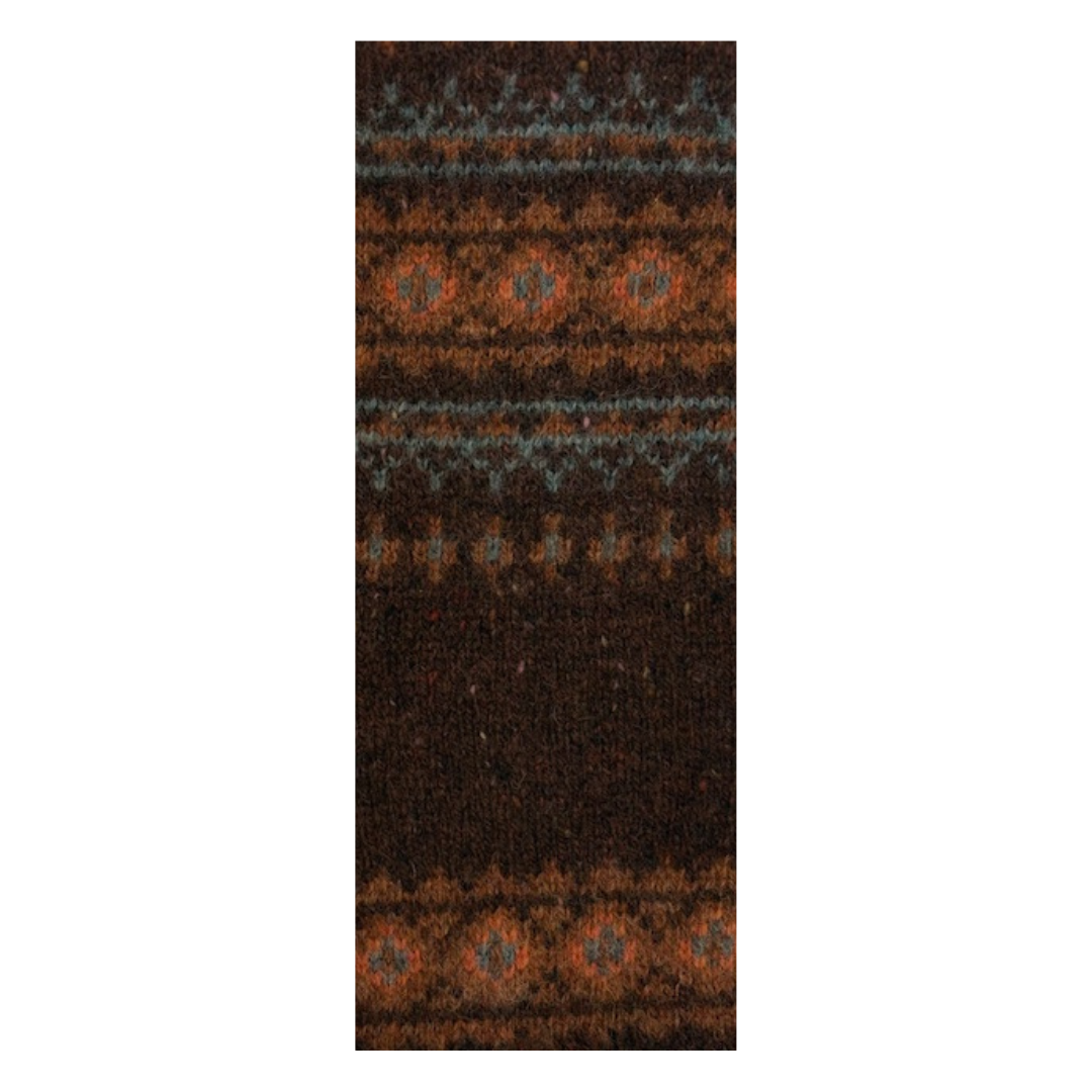 Patterned rug with brown and orange design on a white background