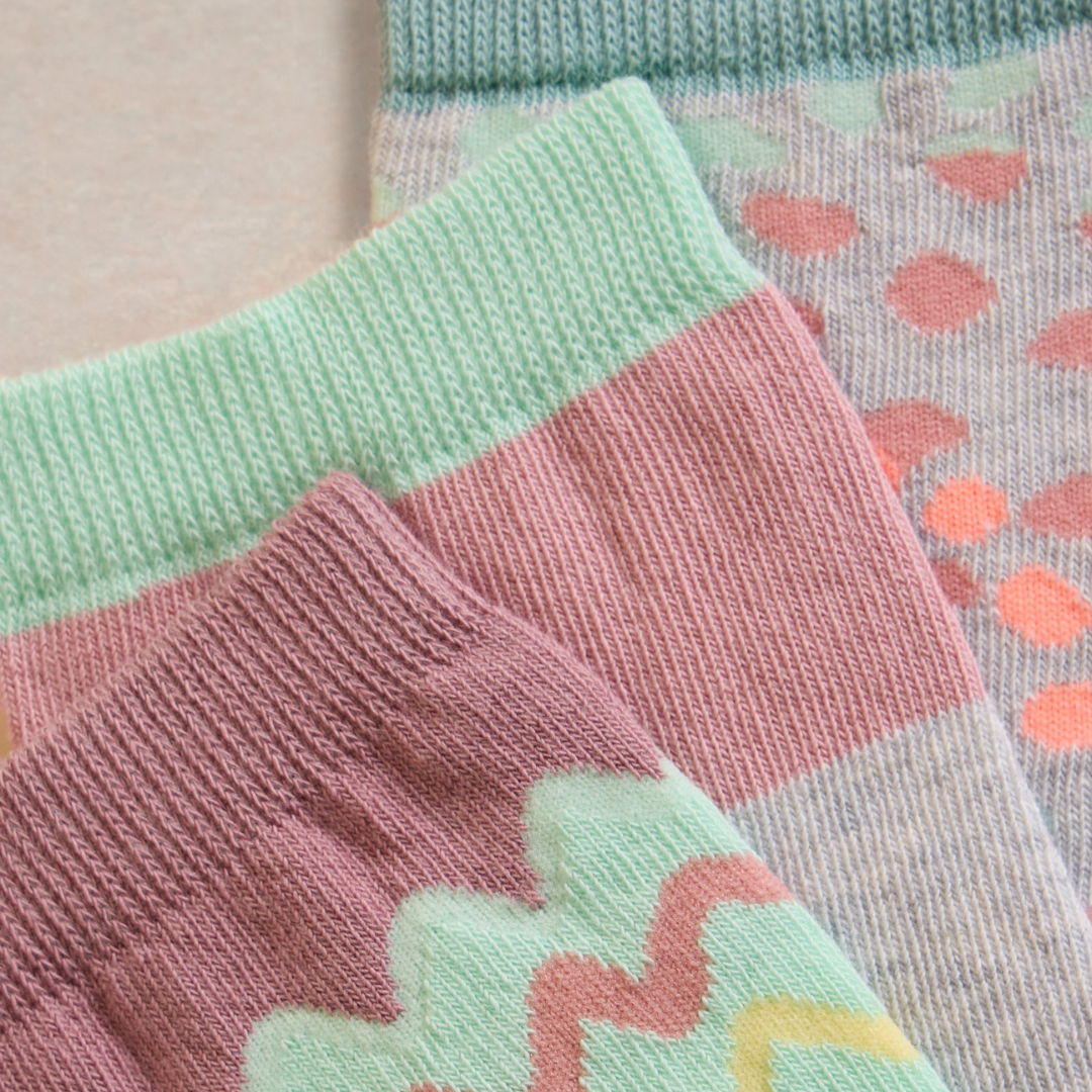 Pair of pastel-colored socks with ribbed texture and wavy patterns. Mint, pink, and gray stripes.