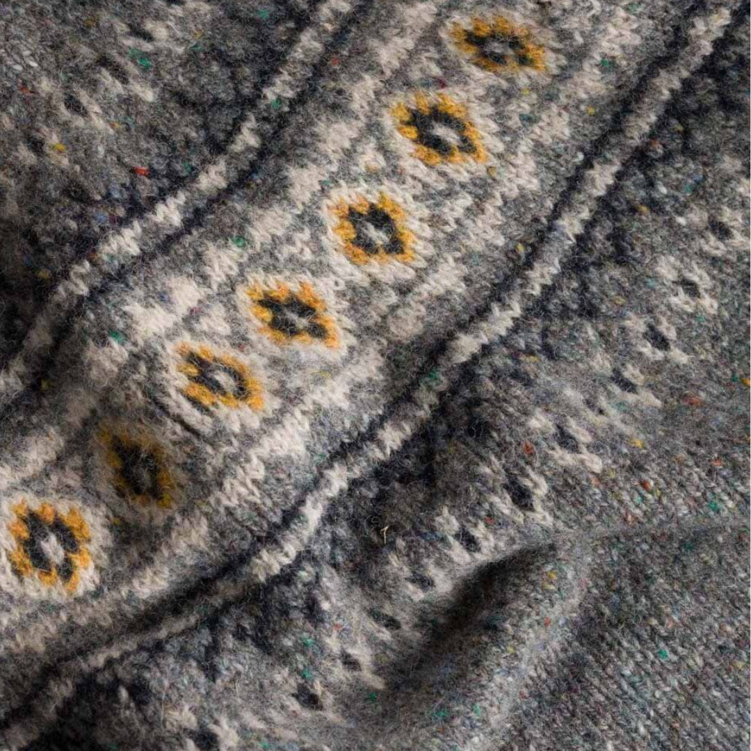 Close-up of grey wool sweater with a textured, Fair Isle-style pattern featuring yellow and black accents.