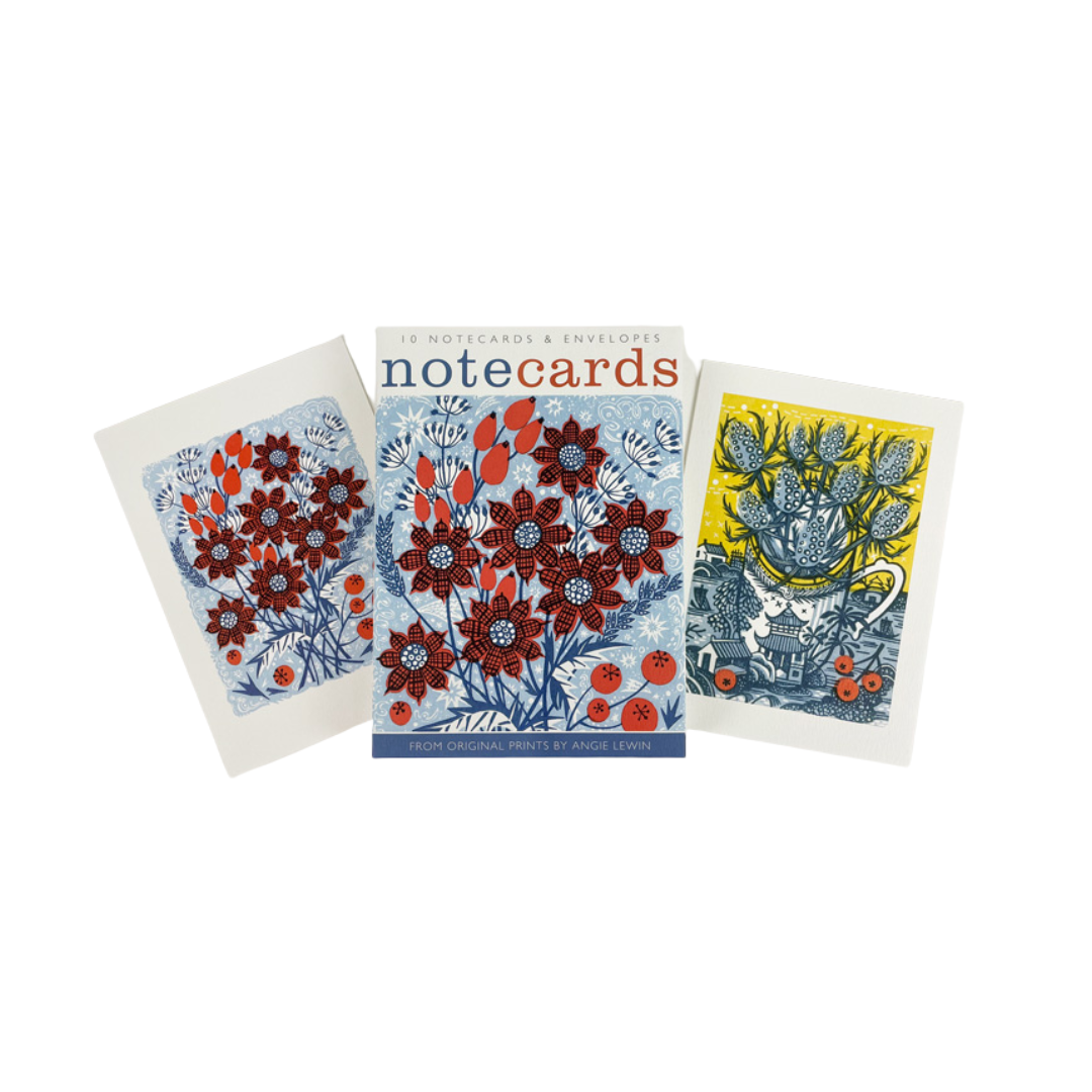 Set of 10 notecards and envelopes featuring floral and landscape designs in a linocut style by Angie Lewin.